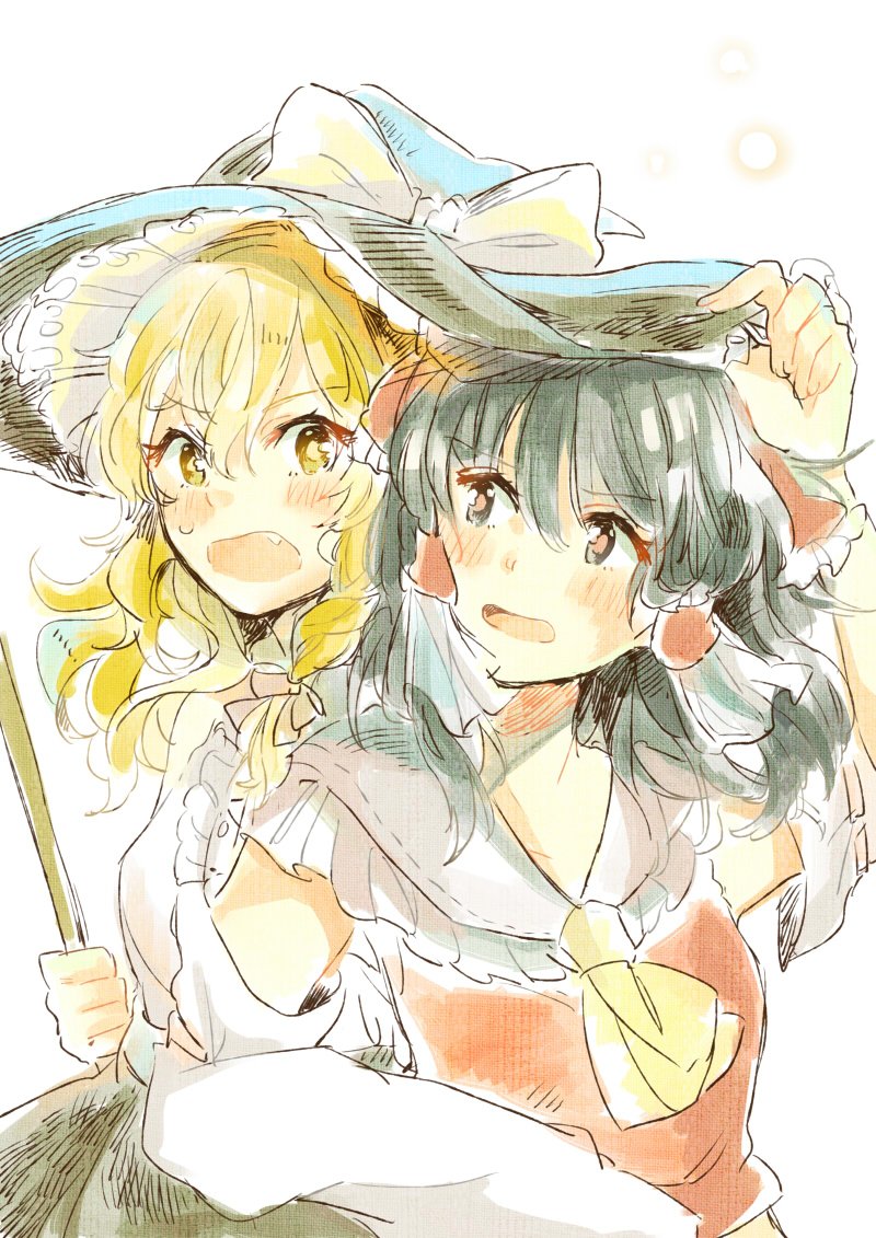 2girls ascot black_eyes black_hair blonde_hair blush bow broom commentary d: detached_sleeves dress fang hair_bow hair_tubes hakurei_reimu hat kirisame_marisa long_hair medium_hair messy_hair multiple_girls open_mouth shared_hat sweat touhou wavy_hair witch_hat yellow_eyes