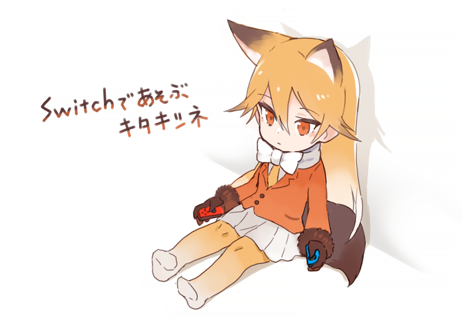 1girl :| animal_ears blazer blonde_hair bow brown_gloves brown_hair character_name chibi closed_mouth dot_nose expressionless extra_ears eyebrows_visible_through_hair ezo_red_fox_(kemono_friends) fox_ears fox_tail full_body fur-trimmed_sleeves fur_trim gloves gradient_hair gradient_legwear hair_between_eyes handheld_game_console holding jacket kemono_friends long_hair long_sleeves looking_away multicolored multicolored_clothes multicolored_hair multicolored_legwear necktie nintendo_switch no_shoes orange_eyes orange_jacket pantyhose playing_games pleated_skirt sasakure_sasaru scarf shadow sitting skirt solo tail tsurime two-tone_legwear white_background white_bow white_hair white_scarf white_skirt yellow_necktie