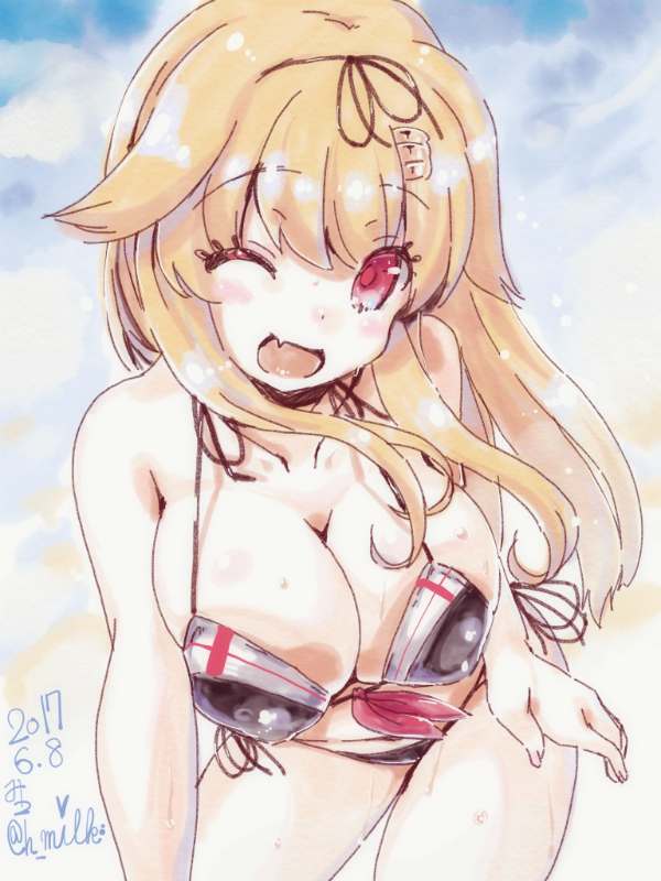 10s 1girl adapted_costume bikini black_bikini blonde_hair blush breasts cleavage cowboy_shot dated fang front-tie_top hair_flaps hair_ornament hairclip kantai_collection large_breasts leaning_forward long_hair looking_at_viewer miuku_(marine_sapphire) one_eye_closed open_mouth red_eyes remodel_(kantai_collection) smile solo standing sweat swimsuit twitter_username yuudachi_(kantai_collection)