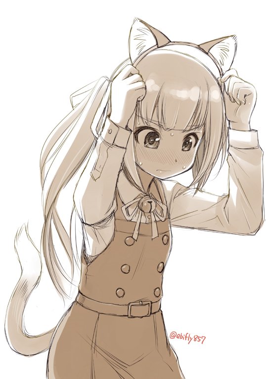 10s 1girl animal_ears arms_up bell belt blush buttons cat_ears cat_tail collared_shirt commentary cowboy_shot dress ebifly eyebrows_visible_through_hair hair_ribbon kantai_collection kasumi_(kantai_collection) long_hair long_sleeves monochrome neck_ribbon nose_blush pinafore_dress remodel_(kantai_collection) ribbon school_uniform shirt side_ponytail simple_background solo sweat sweatdrop tail twitter_username white_background