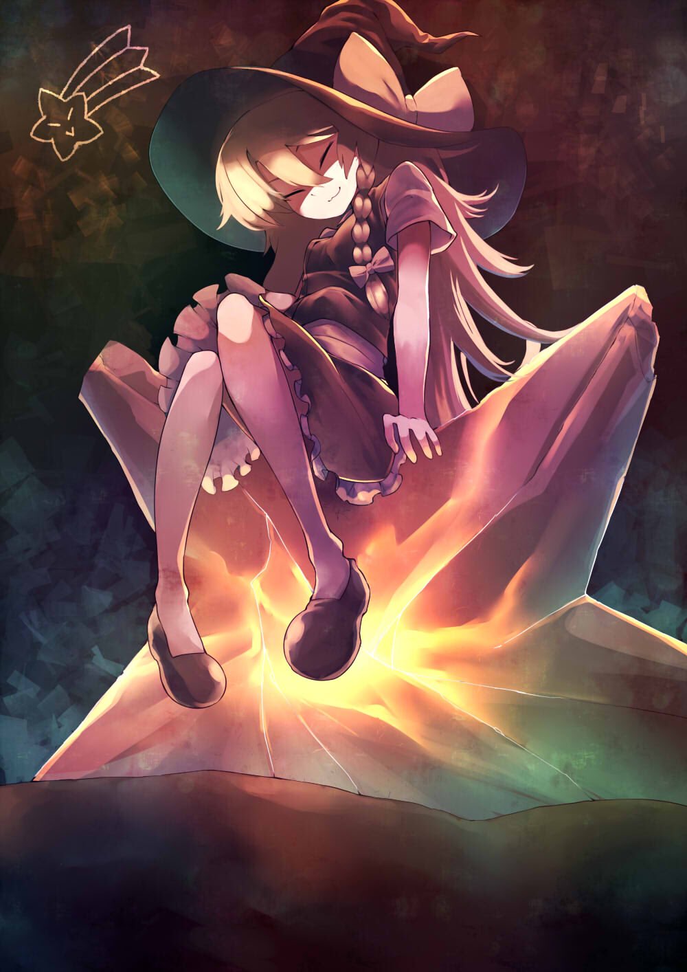 &gt;:3 1girl :3 ^_^ braid closed_eyes hat highres kirisame_marisa long_hair shoes shooting_star short_sleeves side_braid single_braid sitting skirt skirt_set solo star tottoto_neros touhou very_long_hair vest witch_hat