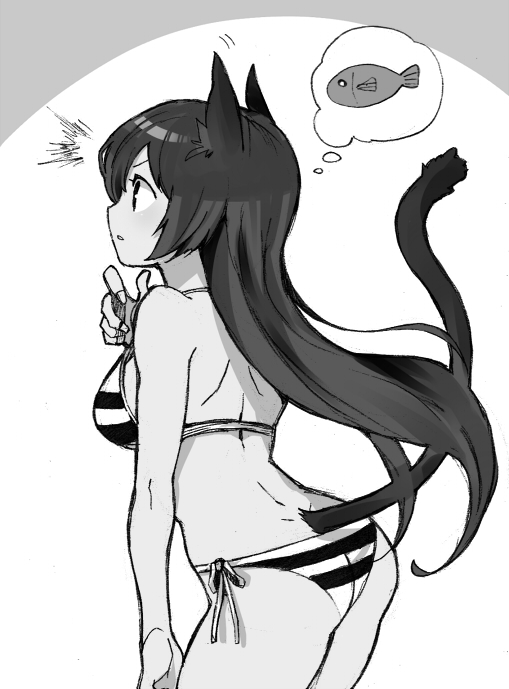1girl animal_ears ass bangs bikini cat_ears cat_girl cat_tail commentary dimples_of_venus fish greyscale halter_top halterneck itsumi_mita long_hair monochrome original parted_lips profile side-tie_bikini solo striped striped_bikini swimsuit tail thought_bubble