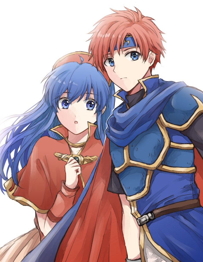 1boy 1girl armor blue_eyes blue_hair blush cape dress fingerless_gloves fire_emblem fire_emblem:_fuuin_no_tsurugi gloves hat headband lilina long_hair redhead roy_(fire_emblem) short_hair simple_background white_background wspread