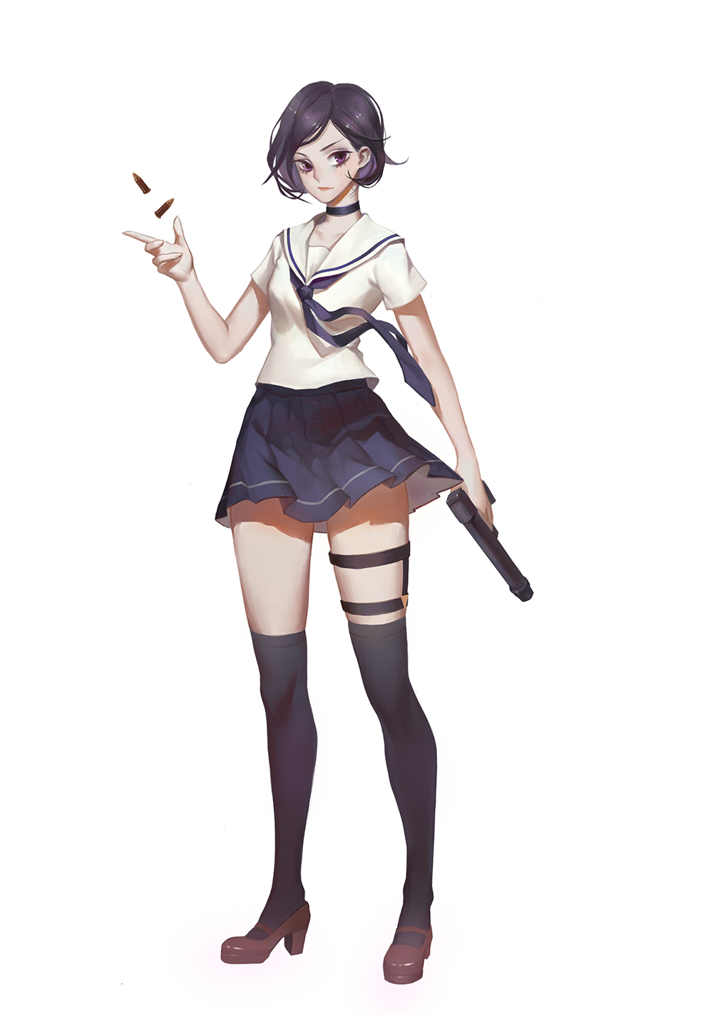 1girl arm_at_side arm_up black_legwear blouse blue_choker blue_necktie blue_skirt breasts brown_shoes choker closed_mouth commentary_request full_body ginxiee gun handgun high_heels highres holding holding_weapon necktie original outstretched_hand over-kneehighs pleated_skirt purple_hair sailor_collar shell_casing shoes short_hair short_sleeves simple_background skirt small_breasts solo thigh-highs thigh_strap violet_eyes weapon white_background white_blouse white_sailor_collar