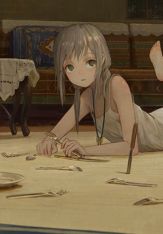 1girl commentary_request couch fork green_eyes holding holding_fork indoors light_brown_hair looking_at_viewer lying muted_color on_stomach original shion_(mirudakemann) shirt solo spoon tank_top white_shirt