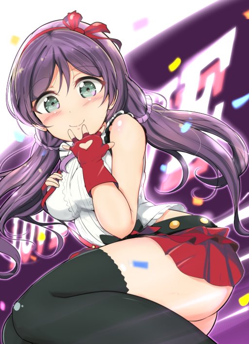 1girl ankoiri ass bare_shoulders birthday blush breasts confetti fingerless_gloves gloves green_eyes happy_birthday large_breasts long_hair looking_at_viewer love_live! love_live!_school_idol_project low_twintails purple_hair smile solo thigh-highs toujou_nozomi twintails zettai_ryouiki