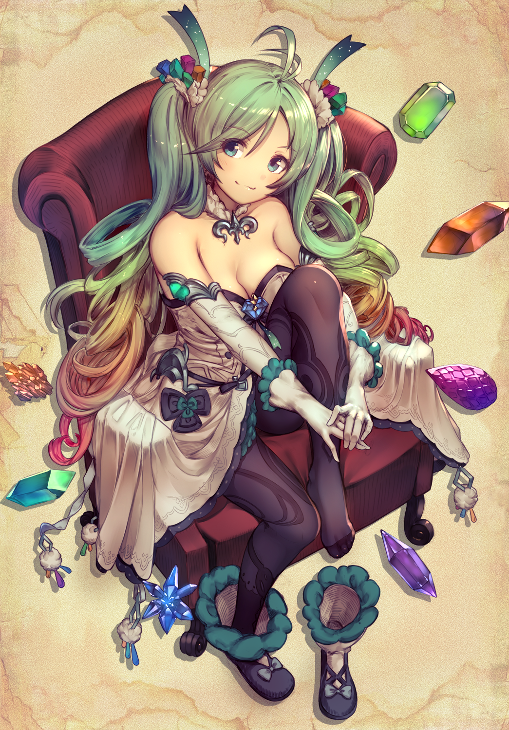 1girl ahoge ankle_boots antenna_hair bare_shoulders bazooka_oiran black_legwear blonde_hair blush boot_removed boots breasts chair cleavage crystal de_la_fille detached_collar dress elbow_gloves gem gloves gradient_hair granblue_fantasy green_eyes green_hair hair_ornament highres jewelry large_breasts long_hair looking_at_viewer multicolored_hair pantyhose redhead revision single_boot single_shoe sitting solo strapless strapless_dress twintails very_long_hair white_gloves