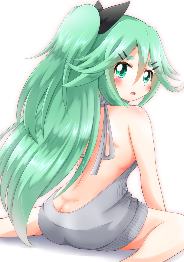 1girl ass back blush butt_crack commentary_request dimples_of_venus from_behind green_eyes green_hair gu-rahamu_omega_x hair_ornament hair_ribbon hairclip kantai_collection long_hair looking_at_viewer looking_back meme_attire open_mouth ponytail ribbon simple_background sitting solo virgin_killer_sweater wariza white_background yamakaze_(kantai_collection)