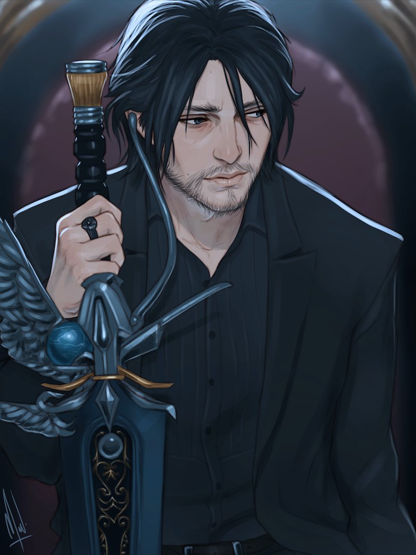 1boy beard black_hair coralie_jubenot facial_hair final_fantasy final_fantasy_xv formal jewelry looking_to_the_side noctis_lucis_caelum open_collar ring smile solo suit sword throne upper_body weapon