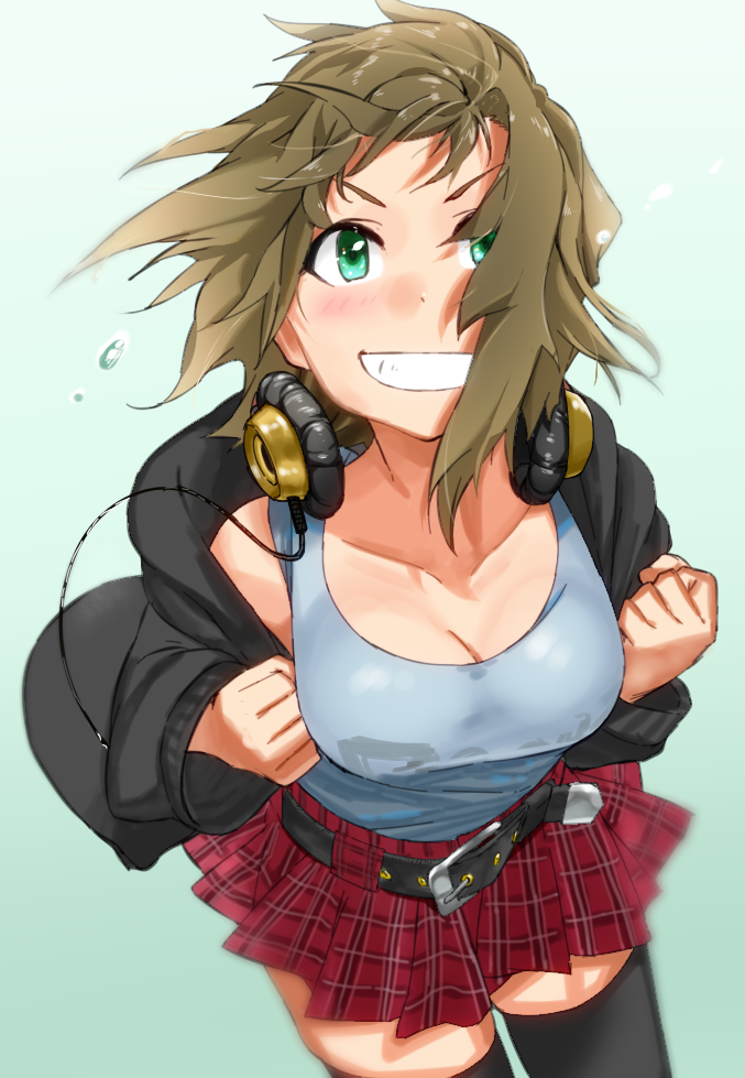 1girl apple_(artist) belt black_jacket black_legwear blush breasts brown_hair cleavage clenched_hands commentary cowboy_shot flying_sweatdrops gradient gradient_background green_eyes grin headphones headphones_around_neck idolmaster idolmaster_cinderella_girls jacket leaning_forward long_sleeves looking_at_viewer medium_breasts pleated_skirt short_hair skirt smile solo sweat tada_riina tank_top thigh-highs