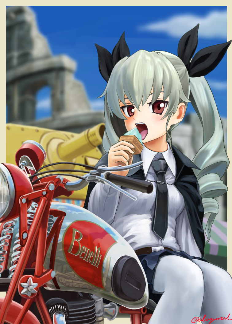 1girl abazu-red anchovy bangs belt benelli_500 black_necktie black_ribbon black_skirt blurry cape colosseum day depth_of_field dress_shirt drill_hair eating girls_und_panzer green_hair ground_vehicle hair_ribbon holding ice_cream_cone long_hair long_sleeves looking_at_viewer military military_vehicle miniskirt motor_vehicle motorcycle necktie outdoors pantyhose pleated_skirt red_eyes ribbon rome school_uniform semovente_75/18 shirt sitting skirt solo tank twin_drills twintails twitter_username white_legwear white_shirt