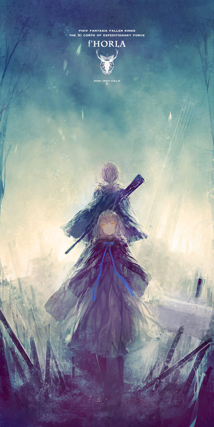 1boy 1girl back-to-back blue_ribbon cloak commentary_request cover cover_page fabri filigree fur_trim gun highres original pixiv_fantasia pixiv_fantasia_fallen_kings ribbon rifle rifle_on_back weapon white_hair yellow_eyes