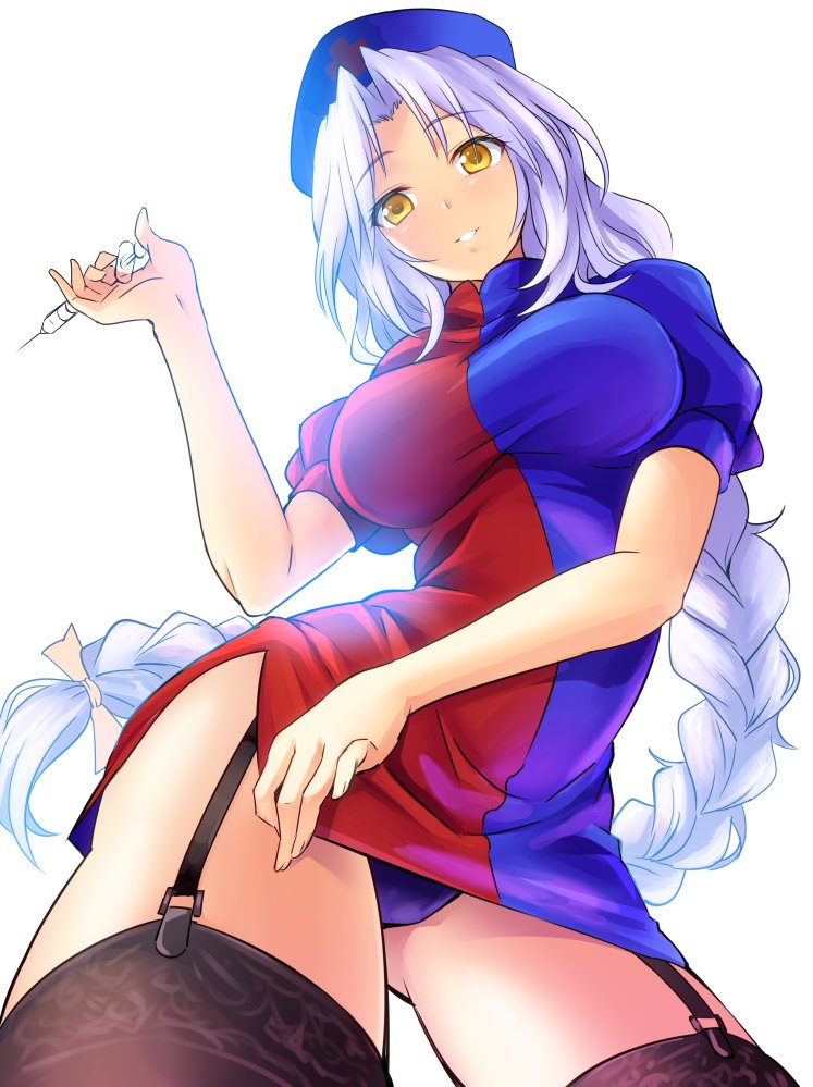 1girl black_legwear bloom blush braid breasts contrapposto cowboy_shot dress from_below garter_straps hat hijikawa_arashi large_breasts long_hair looking_at_viewer looking_down microdress multicolored multicolored_clothes multicolored_dress nurse_cap panties pantyshot pantyshot_(standing) parted_lips puffy_short_sleeves puffy_sleeves purple_panties red_cross short_dress short_sleeves silver_hair single_braid smile solo standing syringe thigh-highs touhou underwear upskirt very_long_hair yagokoro_eirin yellow_eyes