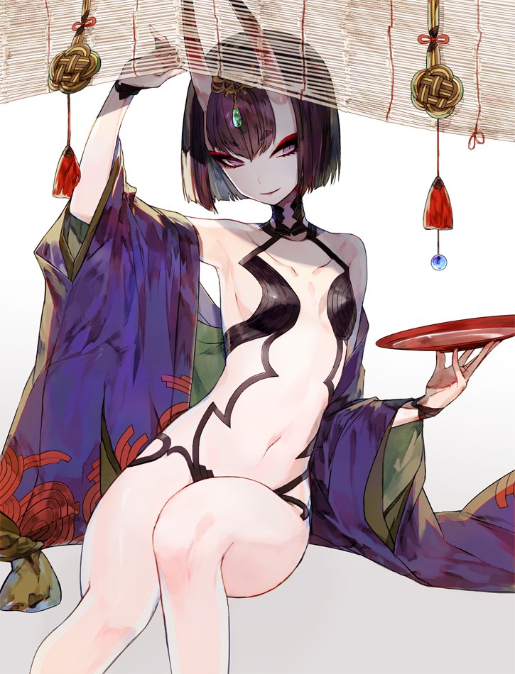 1girl alcohol arm_up armor bangs blunt_bangs breasts breasts_apart choker closed_mouth commentary_request cowboy_shot cup detached_sleeves eyebrows eyebrows_visible_through_hair eyeshadow fate/grand_order fate_(series) gem headpiece holding horns jewelry judy6241 knees_together_feet_apart long_sleeves makeup mascara navel oni pink_lips purple_hair revealing_clothes sakazuki sake sapphire_(stone) short_hair shuten_douji_(fate/grand_order) simple_background sitting small_breasts smile solo stomach thick_eyebrows violet_eyes wide_sleeves