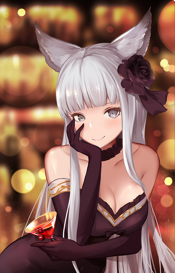 1girl animal_ears bangs bare_shoulders black_dress black_gloves blunt_bangs blurry breasts cleavage cup depth_of_field dress drinking_glass elbow_gloves erun_(granblue_fantasy) flower gloves granblue_fantasy grey_eyes hair_flower hair_ornament hand_on_own_cheek indoors korwa large_breasts light_particles looking_at_viewer ramuda_(guilty931) silver_hair smile solo strapless strapless_dress wine_glass