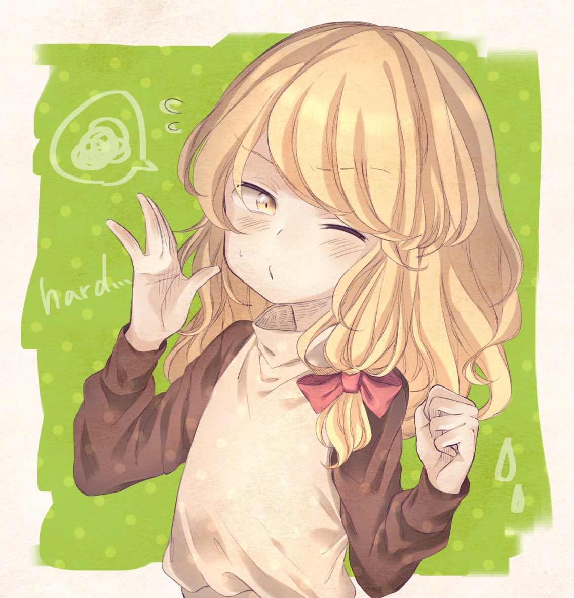 &gt;;o 1girl awkward awkward_pose black_shirt blonde_hair blush bow clenched_hand commentary english flying_sweatdrops hair_bow hair_ribbon iiha_toobu kirisame_marisa layered_clothing long_hair long_sleeves looking_at_viewer pose puckered_lips ribbon shirt solo spoken_squiggle squiggle sweat touhou tress_ribbon turtleneck yellow_eyes