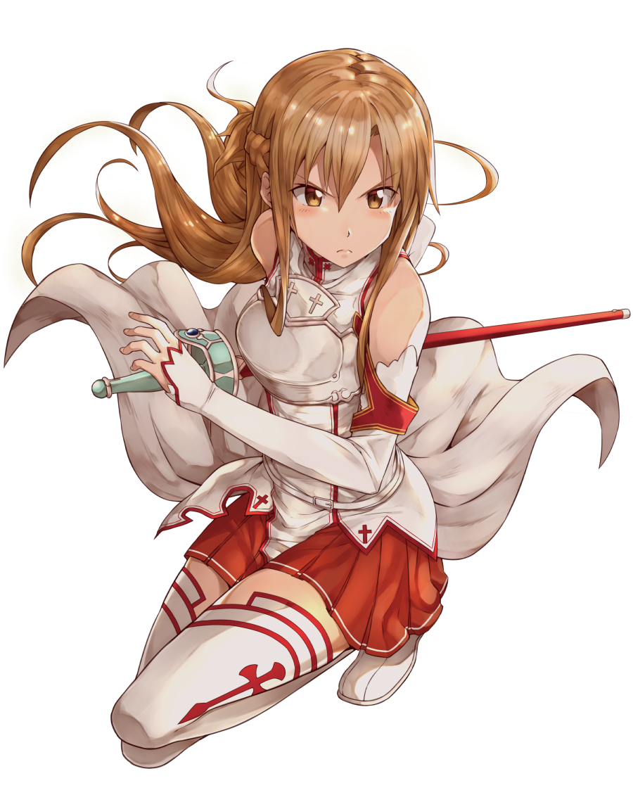 &gt;:( 1girl armor asuna_(sao) boots braid breastplate brown_eyes brown_hair closed_mouth commentary_request detached_sleeves fighting_stance floating_hair french_braid full_body long_hair long_sleeves looking_away looking_to_the_side one_knee pleated_skirt rapier red_skirt serious sheath sheathed shiny shiny_hair sidelocks simple_background skirt sleeveless sleeves_past_wrists solo sword sword_art_online takahan thigh-highs thigh_boots uniform unsheathing weapon white_background white_boots zettai_ryouiki