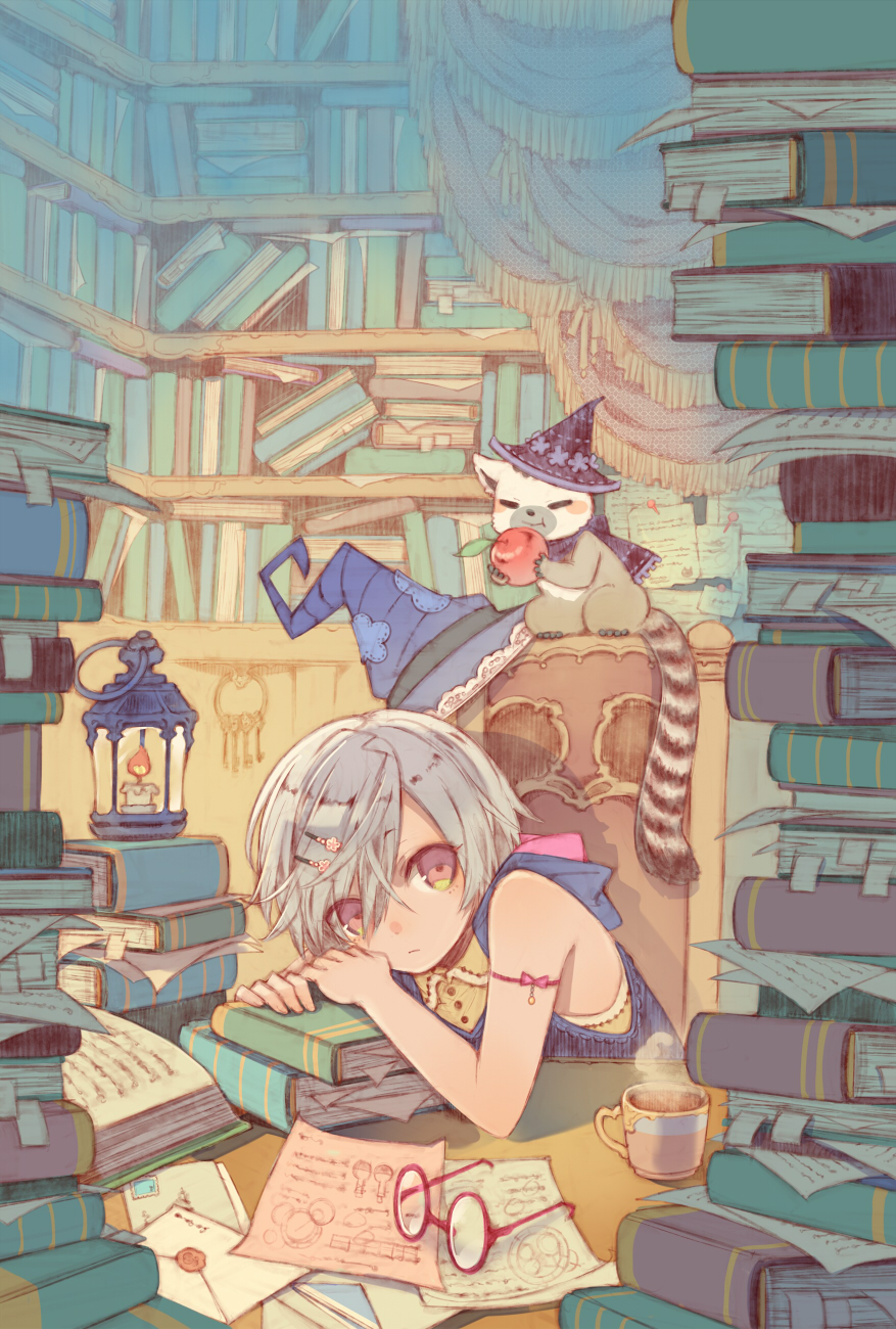 1girl animal apple book_stack candle coffee coffee_cup food fruit glasses glasses_removed grey_hair hair_ornament hairclip hat highres kuroyuki lantern looking_at_viewer original paper purple_hat raccoon red_eyes short_hair solo witch_hat