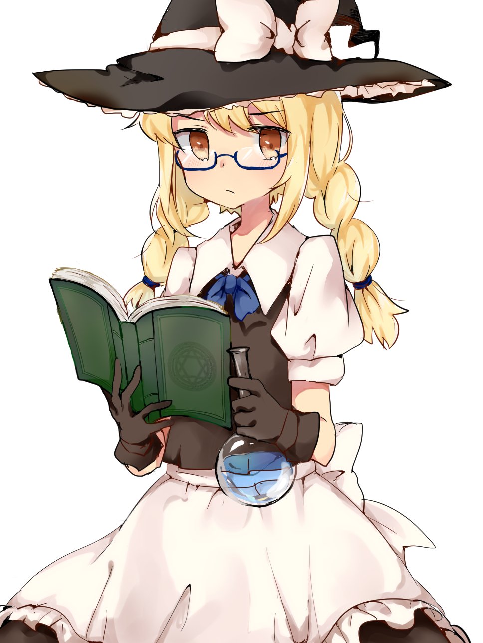 &gt;:( &gt;:/ 1girl :/ apron bespectacled black_gloves blonde_hair blush book bow bowtie braid chinako1075 collared_shirt commentary flask frown glasses gloves hat highres kirisame_marisa long_braids long_hair long_skirt looking_at_viewer potion puffy_short_sleeves puffy_sleeves reading semi-rimless_glasses shirt short_sleeves skirt solo touhou twin_braids vest waist_apron witch_hat yellow_eyes