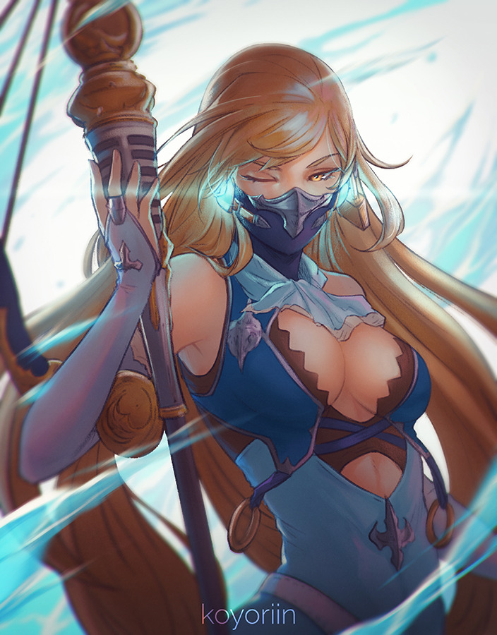 1girl armpit_peek artist_name bangs bare_shoulders black_dress blonde_hair blurry breasts bridal_gauntlets cleavage cleavage_cutout commentary covered_mouth dress elbow_gloves elegy_(granblue_fantasy) furrowed_eyebrows gloves glowing granblue_fantasy grey_background holding holding_staff kerchief koyorin long_hair looking_at_viewer magic mask medium_breasts motion_blur one_eye_closed simple_background sleeveless sleeveless_dress solo staff swept_bangs very_long_hair white_gloves yellow_eyes