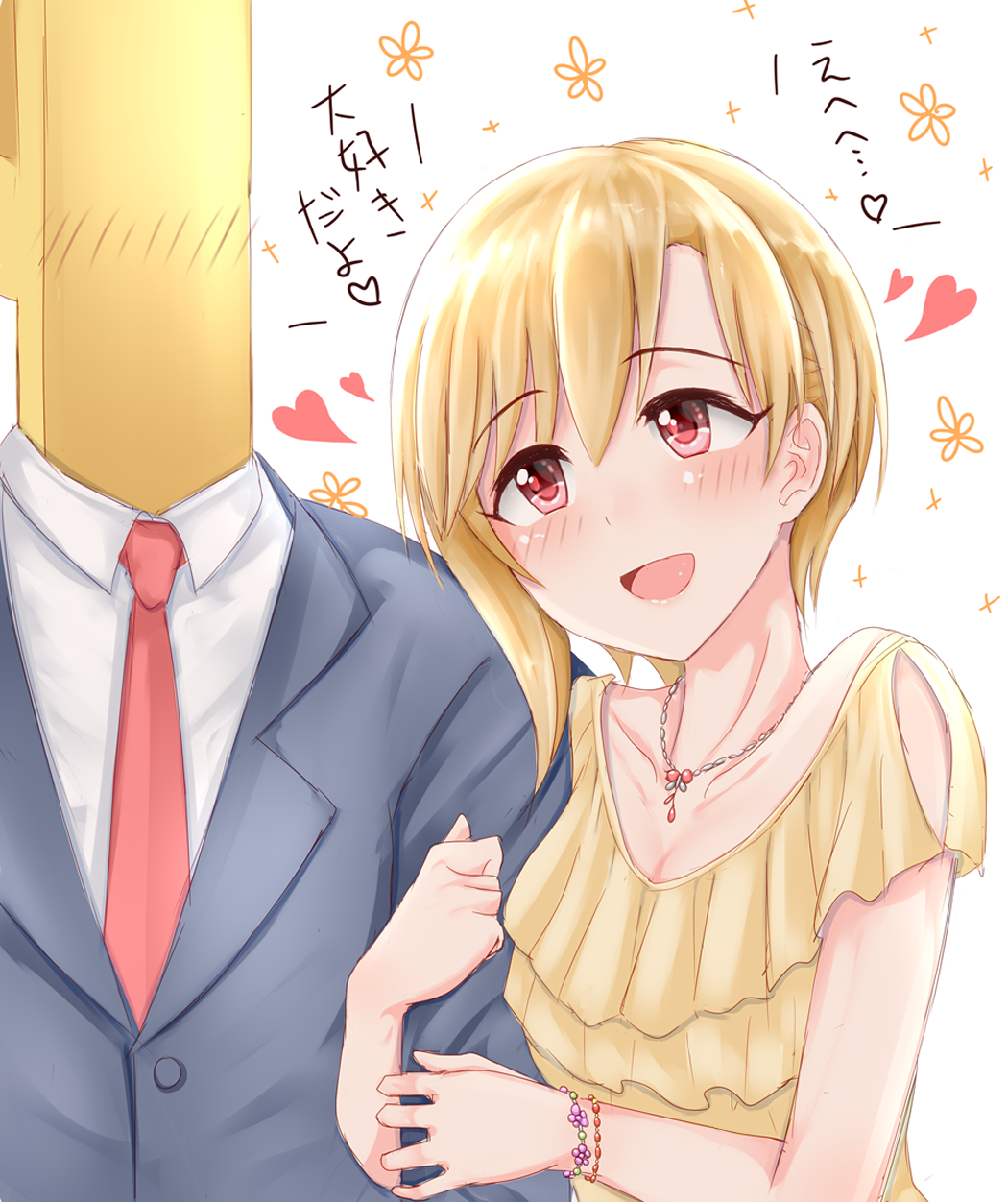 1boy 1girl aiba_yumi blonde_hair blush brown_eyes business_suit clinging commentary_request eyebrows_visible_through_hair formal heart highres idolmaster idolmaster_cinderella_girls jewelry necklace necktie open_mouth p-head_producer shirushiru_(saitou888) short_hair smile suit translated