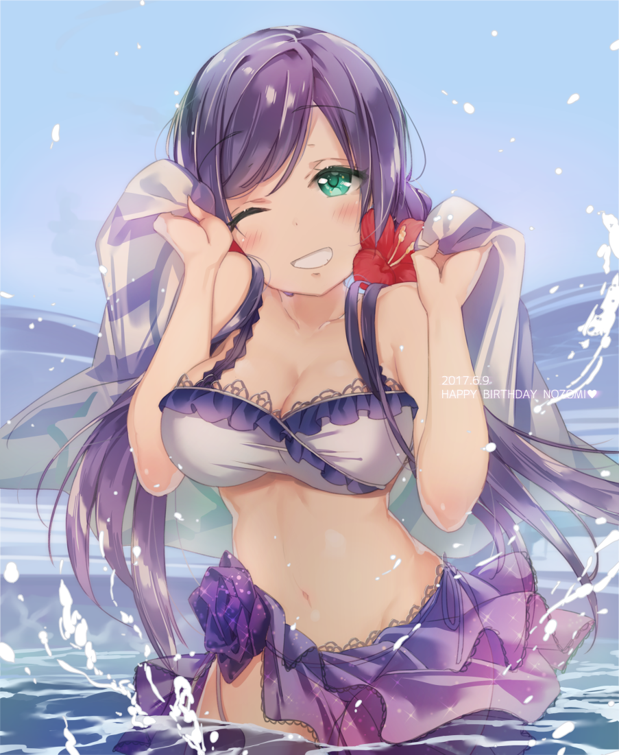 1girl ;d bangs bare_arms bare_shoulders bikini blue_sky blush breasts cleavage collarbone commentary_request day eyebrows_visible_through_hair flower grey_bikini grin hair_flower hair_ornament hibiscus holding long_hair looking_at_viewer love_live! love_live!_school_idol_project low_twintails medium_breasts micopp navel ocean one_eye_closed open_mouth outdoors parted_lips purple_hair sarong see-through shawl shrug side-tie_bikini sky smile solo splashing stomach swept_bangs swimsuit teeth toujou_nozomi twintails very_long_hair w_arms water water_drop
