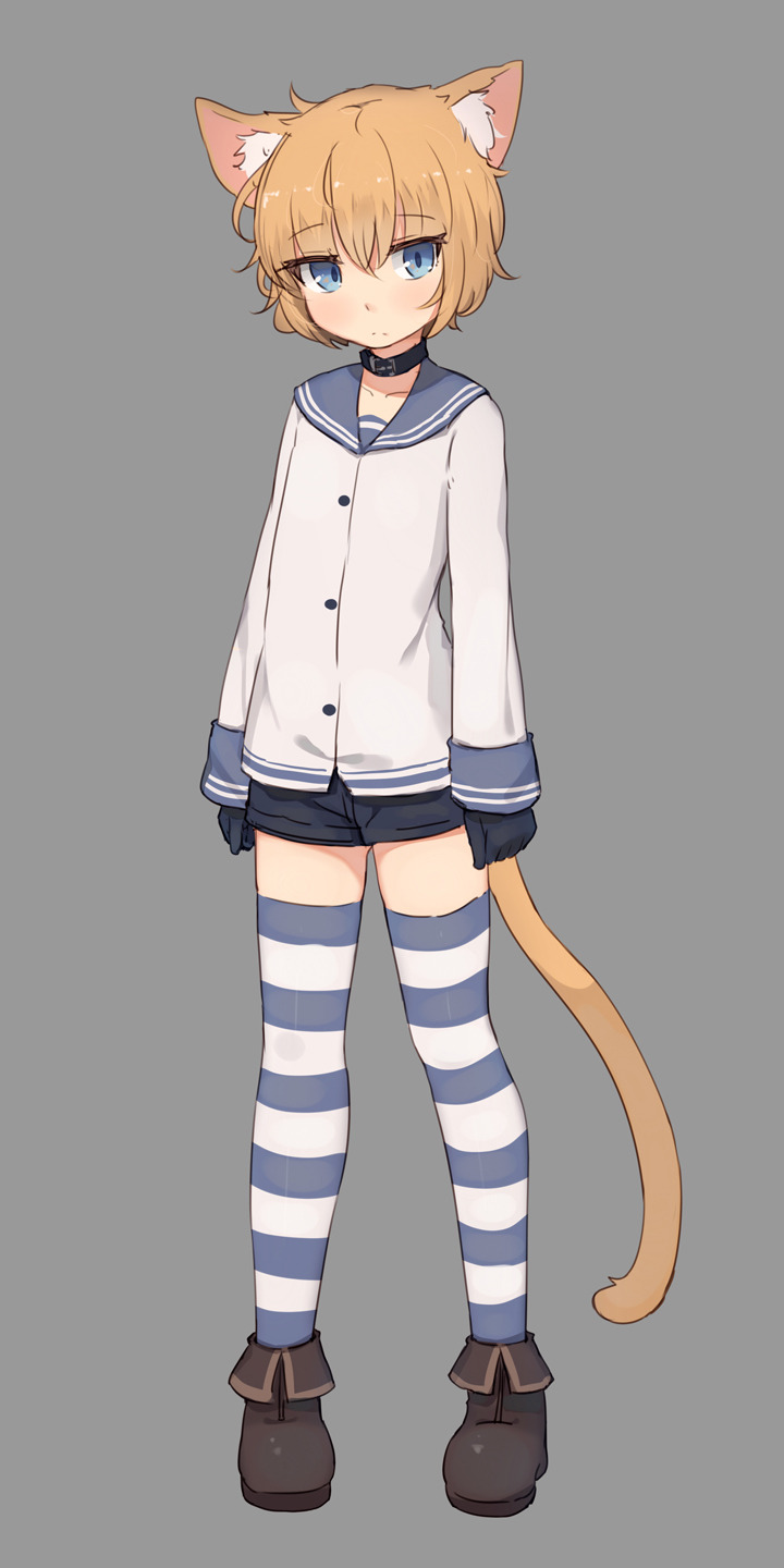 &gt;:( 1boy animal_ears black_gloves black_shorts blue_eyes boots brown_hair cat_ears cat_tail collar frown full_body gloves grey_background highres looking_at_viewer male_focus original shirt shone short_hair short_shorts shorts simple_background solo standing striped striped_legwear tail thigh-highs