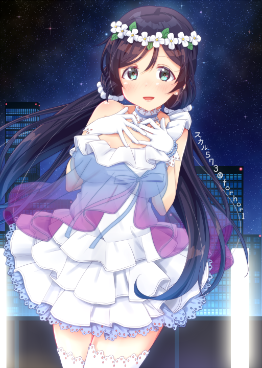 1girl :d aqua_eyes asymmetrical_clothes bangs bare_shoulders blush breasts building cityscape commentary_request cowboy_shot dress earrings flower_wreath gloves glowing hair_ornament hair_scrunchie hands_on_own_chest head_wreath jewelry layered_dress long_hair looking_at_viewer love_live! love_live!_school_idol_project low_twintails medium_breasts night night_sky open_mouth outdoors parted_bangs purple_hair scrunchie see-through single_strap skull573 sky skyscraper sleeveless sleeveless_dress smile solo standing stud_earrings tareme thigh-highs toujou_nozomi twintails twitter_username very_long_hair white_choker white_gloves white_legwear yume_no_tobira zettai_ryouiki