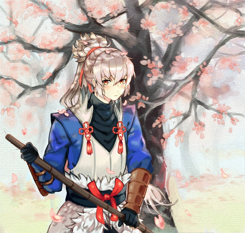 cherry_blossoms fire_emblem fire_emblem_if gloves holding japanese_clothes looking_at_viewer petals ponytail solo takumi_(fire_emblem_if) tree white_hair