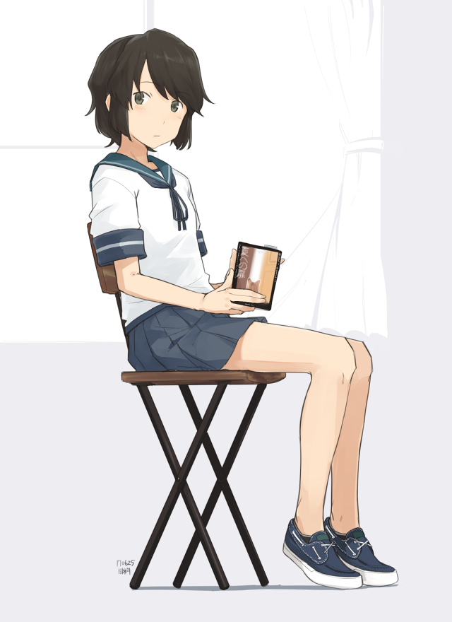 1girl artist_name book brown_hair cat chair curtains dated from_side full_body green_eyes holding holding_book indoors kantai_collection kawashina_(momen_silicon) looking_at_viewer miyuki_(kantai_collection) pleated_skirt school_uniform serafuku shoes short_hair short_sleeves sitting skirt socks solo the_door_into_summer window