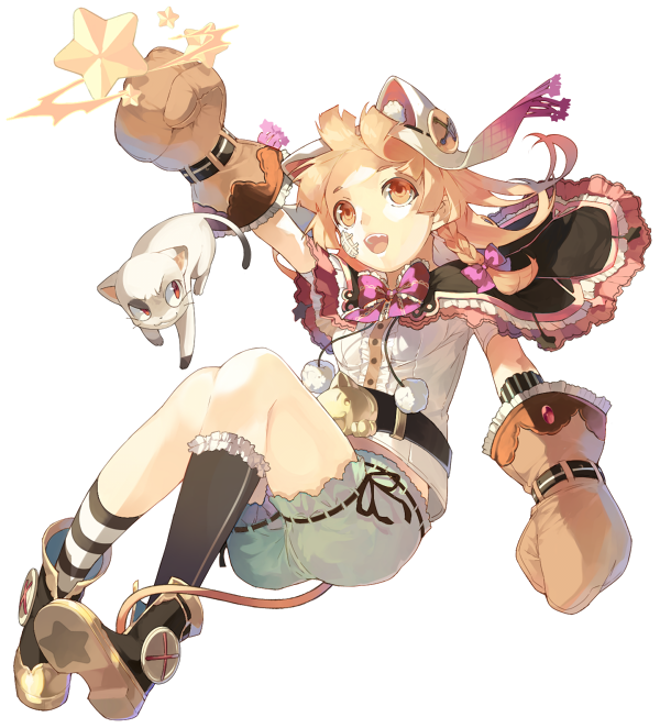 1girl :d animal_ears bangs belt black_legwear boots brown_hair capelet cat cat_ears cat_tail cats_brain frills kneehighs knees_together_feet_apart mismatched_legwear mittens open_mouth orange_eyes original simple_background smile solo star striped striped_legwear tail teeth white_background