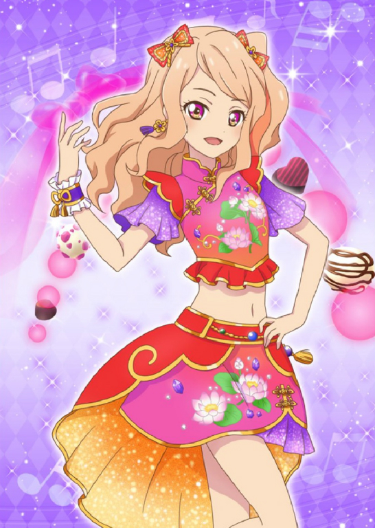 1girl aikatsu! aikatsu!_photo_on_stage!! aikatsu_stars! blonde_hair bow china_dress chinese_clothes dessert dress earrings food gem hand_on_hip highlights jewelry kasumi_mahiru multicolored multicolored_eyes multicolored_hair musical_note navel pink_eyes pink_shirt pink_skirt ponytail purple_background red_eyes shirt skirt