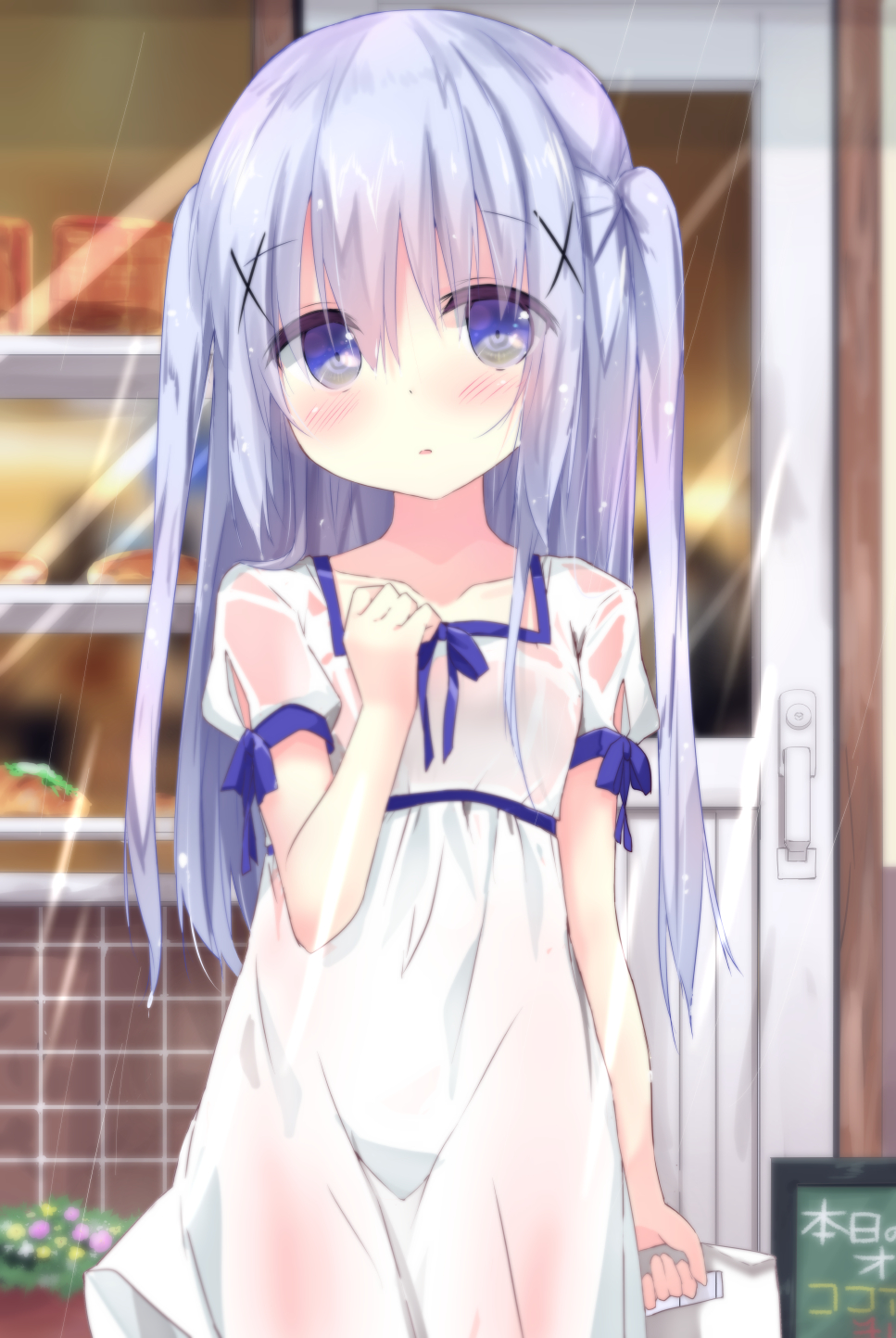 1girl alternate_hairstyle bag bangs blue_eyes blush breasts building chalkboard collarbone commentary_request cowboy_shot door dress eyebrows_visible_through_hair flower gochuumon_wa_usagi_desu_ka? hair_ornament hairclip hand_on_own_chest highres holding_bag kafuu_chino kouda_suzu light_blue_hair long_hair looking_at_viewer outdoors parted_lips plant puffy_short_sleeves puffy_sleeves rain see-through shopping_bag short_sleeves sidelocks small_breasts solo standing two_side_up wet wet_clothes wet_hair white_dress window x_hair_ornament