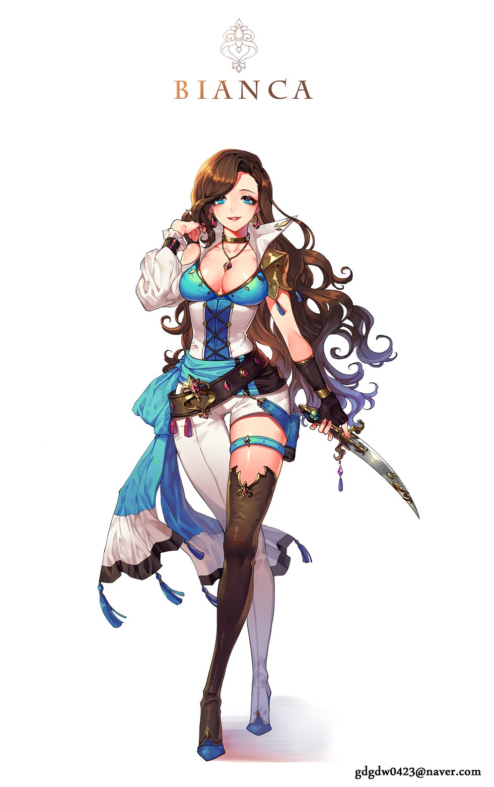 1girl arm_at_side asymmetrical_legwear bangs belt blue_eyes boots bracelet breasts brown_hair character_name choker cleavage collarbone cross-laced_clothes dagger earrings email_address fingerless_gloves gloves hair_tousle hand_to_head high_collar high_heel_boots high_heels highres holding holding_sword holding_weapon holster jewelry legs_crossed long_hair long_sleeves looking_at_viewer medium_breasts mulalang necklace original pants parted_lips red_lips sash simple_background single_fingerless_glove single_pauldron single_thigh_boot smile solo standing sword teeth thigh-highs thigh_gap thigh_strap very_long_hair wavy_hair weapon white_background white_pants