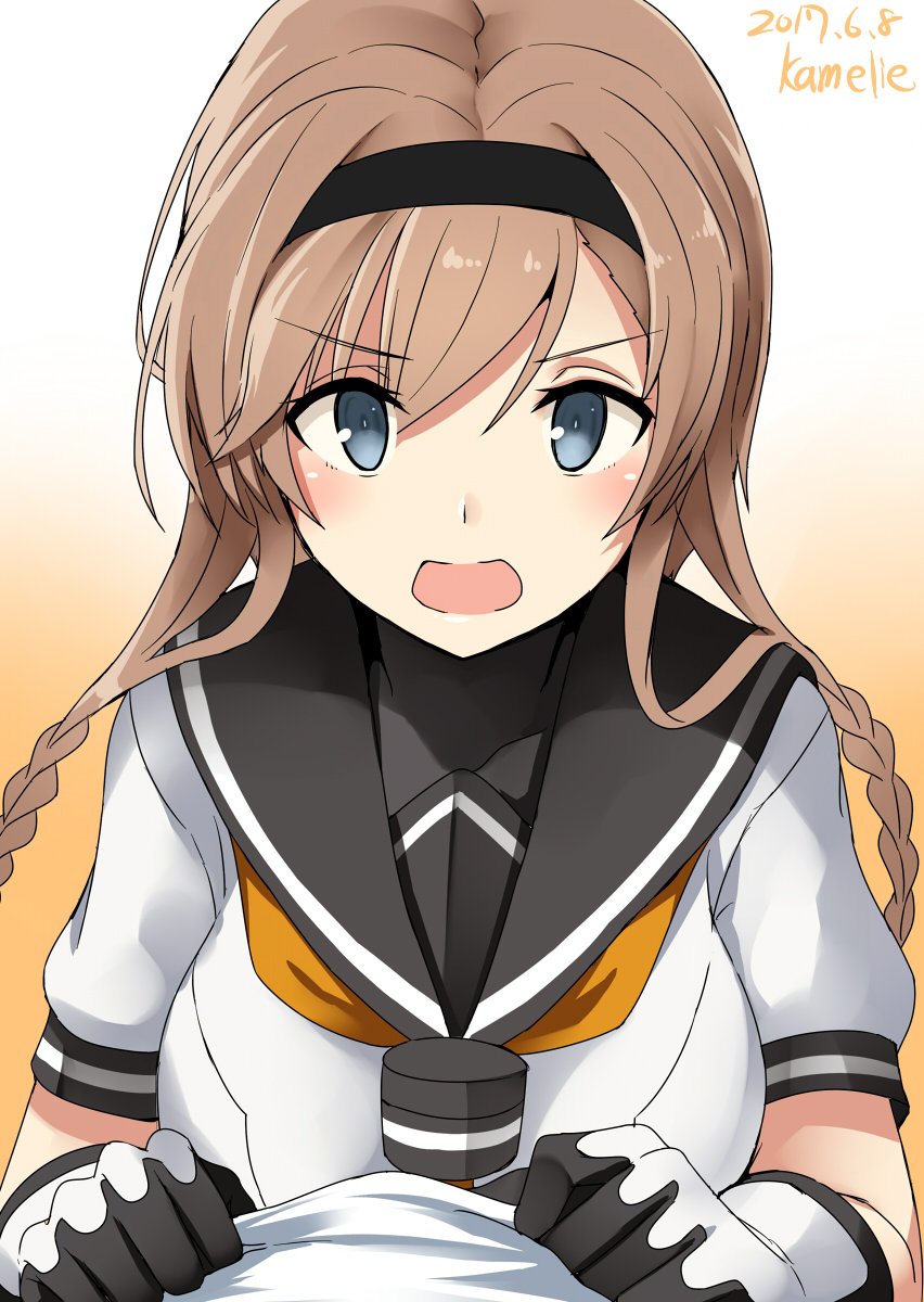 10s 1girl artist_name blue_eyes blush braid commentary_request dated gloves gradient gradient_background headband highres kamelie kantai_collection light_brown_hair long_hair looking_at_viewer open_mouth orange_background sailor_collar short_sleeves solo teruzuki_(kantai_collection) twin_braids white_gloves