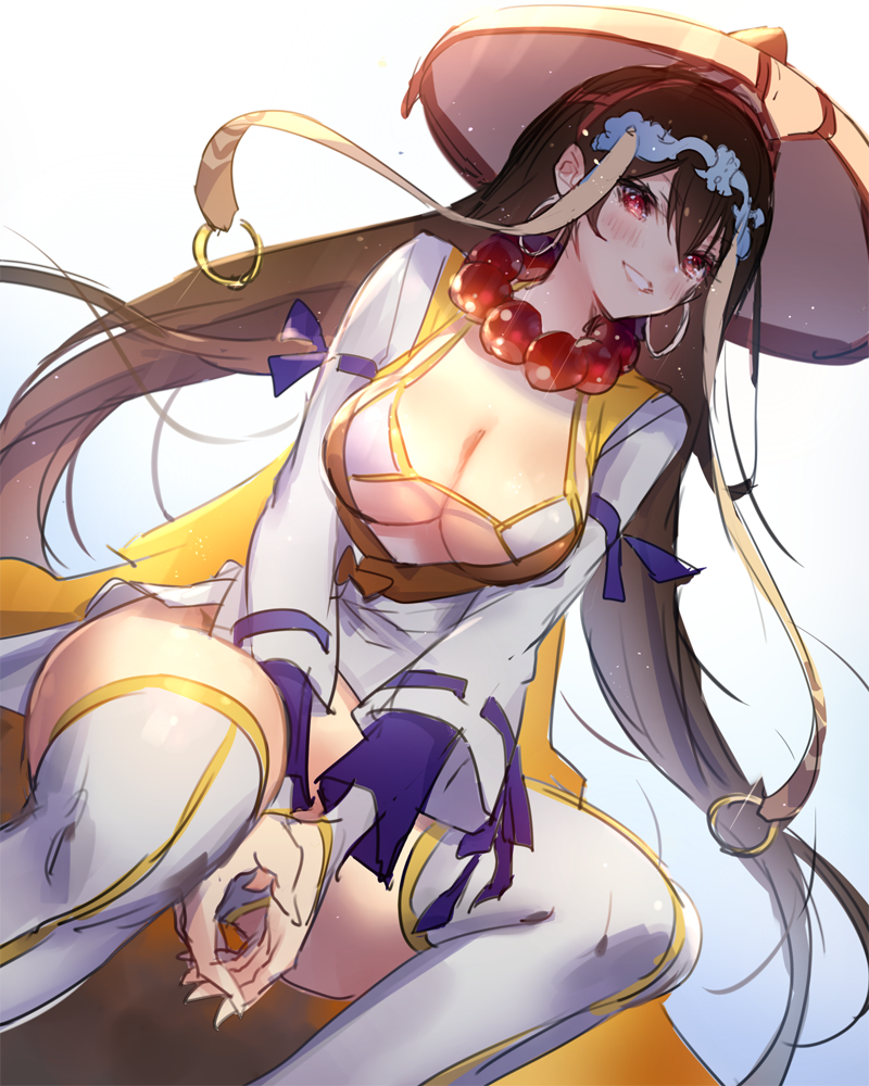 1girl beads bikini_top blush breasts brown_hair cleavage commentary earrings fate/grand_order fate_(series) gradient gradient_background hands_together hat jewelry large_breasts long_hair long_sleeves looking_at_viewer oro_(sumakaita) red_eyes smile solo thigh-highs xuanzang_(fate/grand_order)