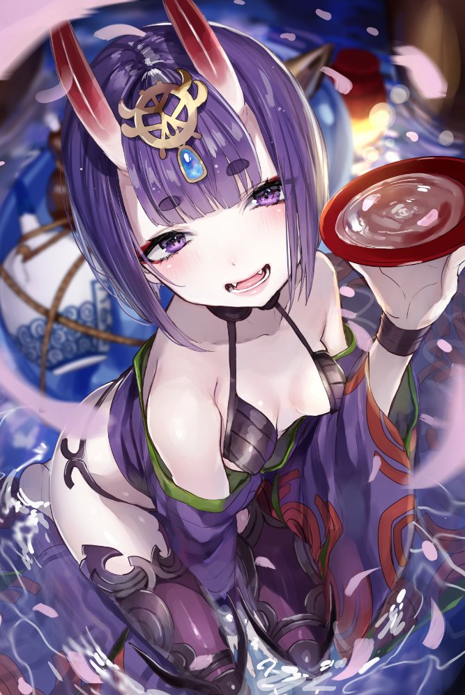 1girl alcohol bangs blunt_bangs blurry blush breasts cup depth_of_field eyebrows_visible_through_hair fangs fate/grand_order fate_(series) from_above holding horns hoyashi_rebirth japanese_clothes kimono looking_at_viewer oni oni_horns open_mouth petals purple_hair revealing_clothes sakazuki sake seiza shiny shiny_skin short_hair shuten_douji_(fate/grand_order) sitting small_breasts smile solo violet_eyes water