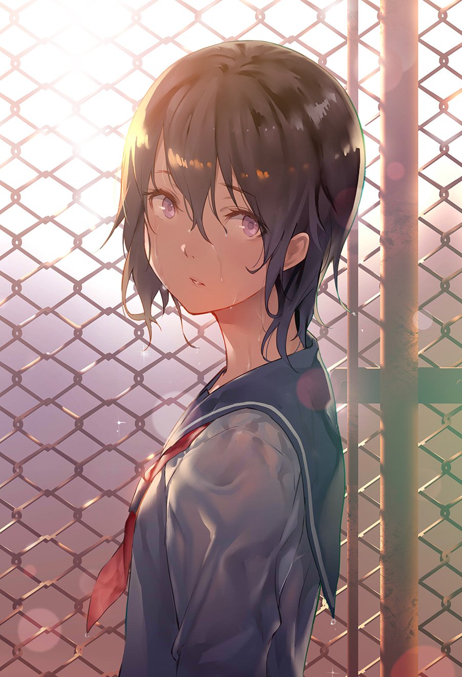 1girl bangs black_hair chain-link_fence day fence from_side hair_between_eyes highres lens_flare looking_at_viewer mogumo neckerchief original outdoors parted_lips school_uniform serafuku solo violet_eyes wet wet_clothes wet_hair