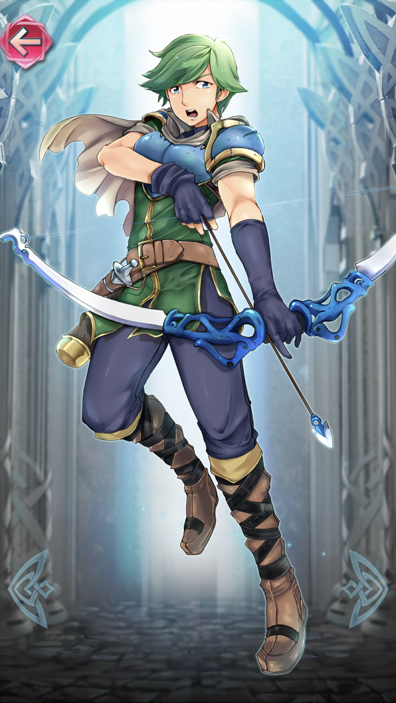 1boy armor belt blue_eyes boots bow_(weapon) cape dagger fake_screenshot fire_emblem fire_emblem:_mystery_of_the_emblem fire_emblem_heroes gloves green_hair highres kizi_sizui23 male_focus open_mouth solo teeth tomas_(fire_emblem) weapon