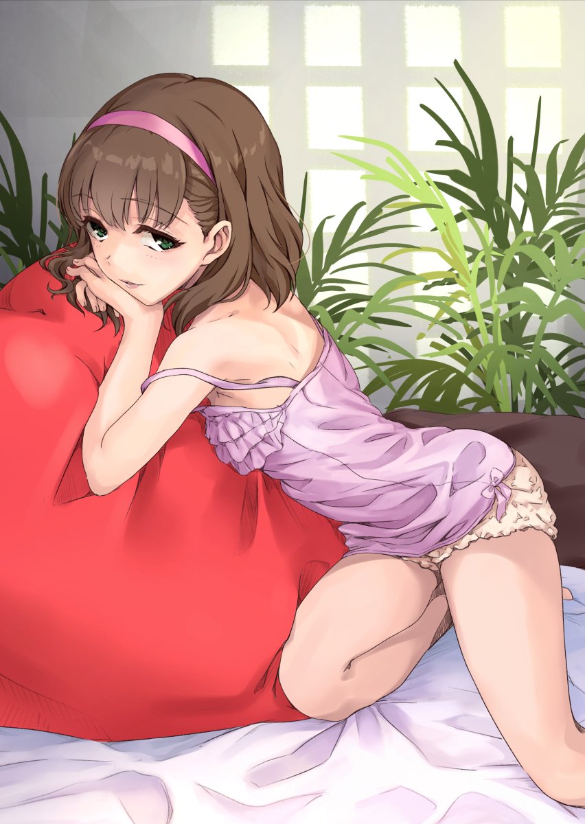 1girl back bangs bare_legs barefoot blue_eyes blush breasts brown_hair chemise commentary eyebrows_visible_through_hair hairband hands_together heart heart_pillow highres idolmaster idolmaster_cinderella_girls looking_at_viewer mitsuki32k pillow plant sakuma_mayu sitting small_breasts smile solo