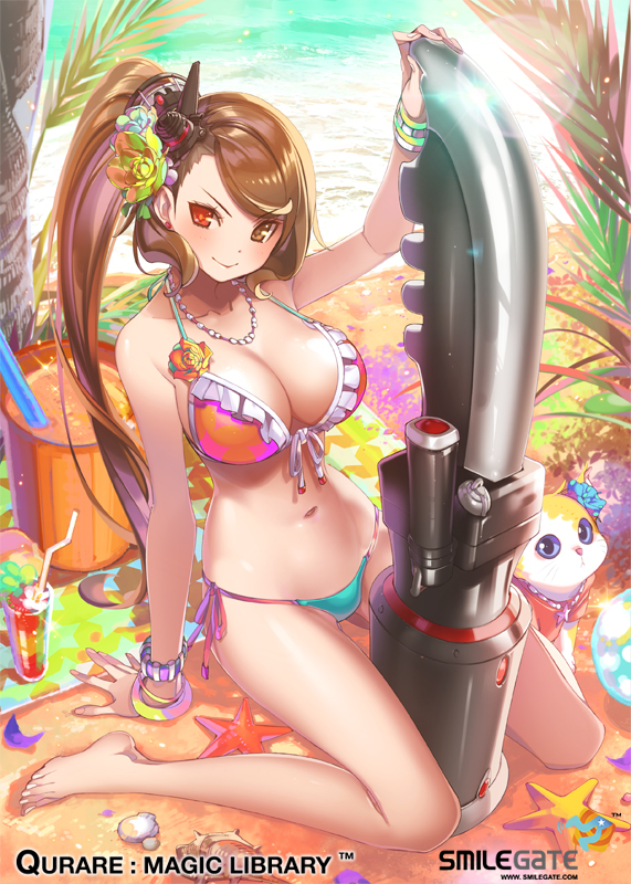 1girl animal arm_support bangs bare_legs barefoot beach bikini bracelet breasts brown_eyes brown_hair cleavage feet flower frilled_bikini frills front-tie_top hair_flower hair_ornament heterochromia huge_weapon jewelry large_breasts lens_flare long_hair long_legs navel necklace outdoors pop_kyun qurare_magic_library red_eyes side-tie_bikini side_ponytail sitting smile solo swept_bangs swimsuit toes very_long_hair wariza weapon