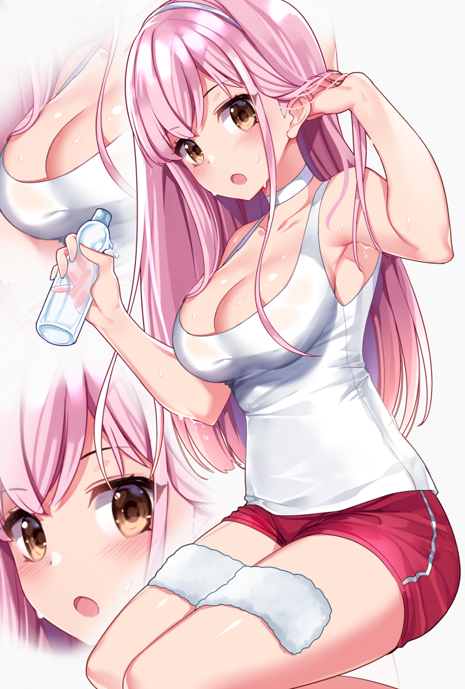 1girl blush breasts choker cleavage dripping dutch_angle fate/grand_order fate_(series) gendo0032 hair_tucking hairband long_hair looking_at_viewer medb_(fate/grand_order) medium_breasts open_mouth ramune short_shorts shorts simple_background solo sweat sweating tank_top towel zoom_layer