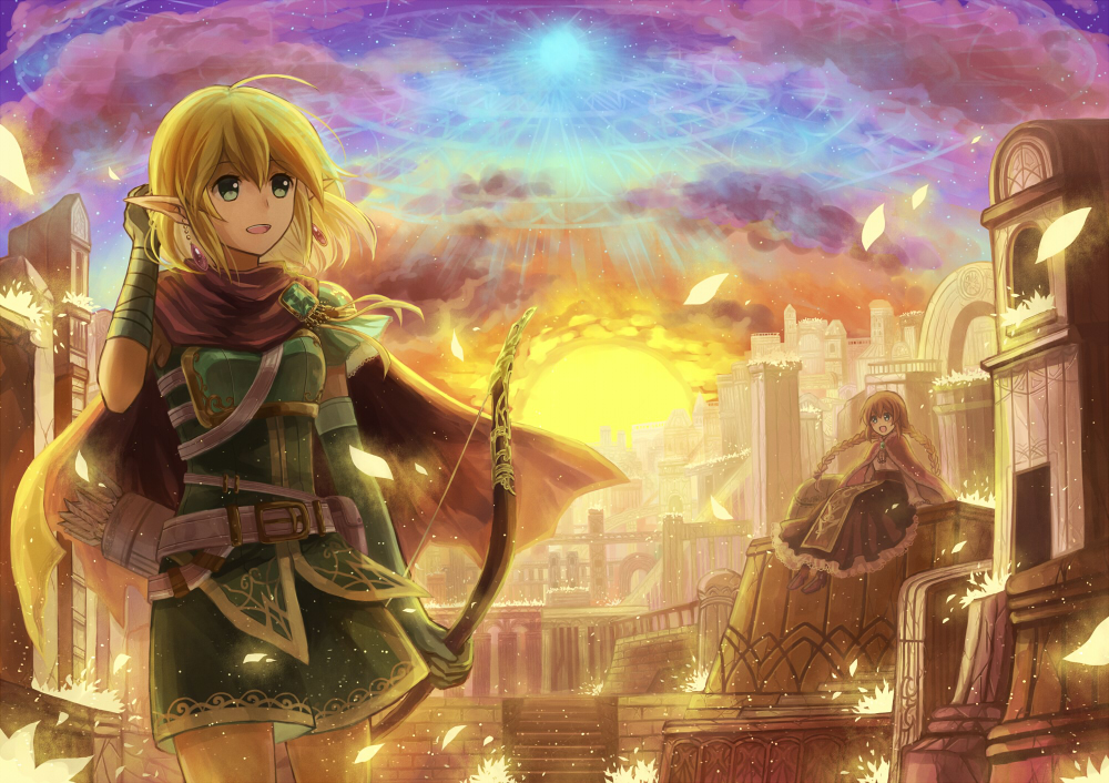 2girls :d ahoge belt blonde_hair bow_(weapon) braid brown_dress cape capelet city dress elbow_gloves elf fantasy gloves green_eyes hand_up mena_(suzunoki) multiple_girls open_mouth original pointy_ears pouch quiver red_cape sitting smile standing sun twilight twin_braids weapon