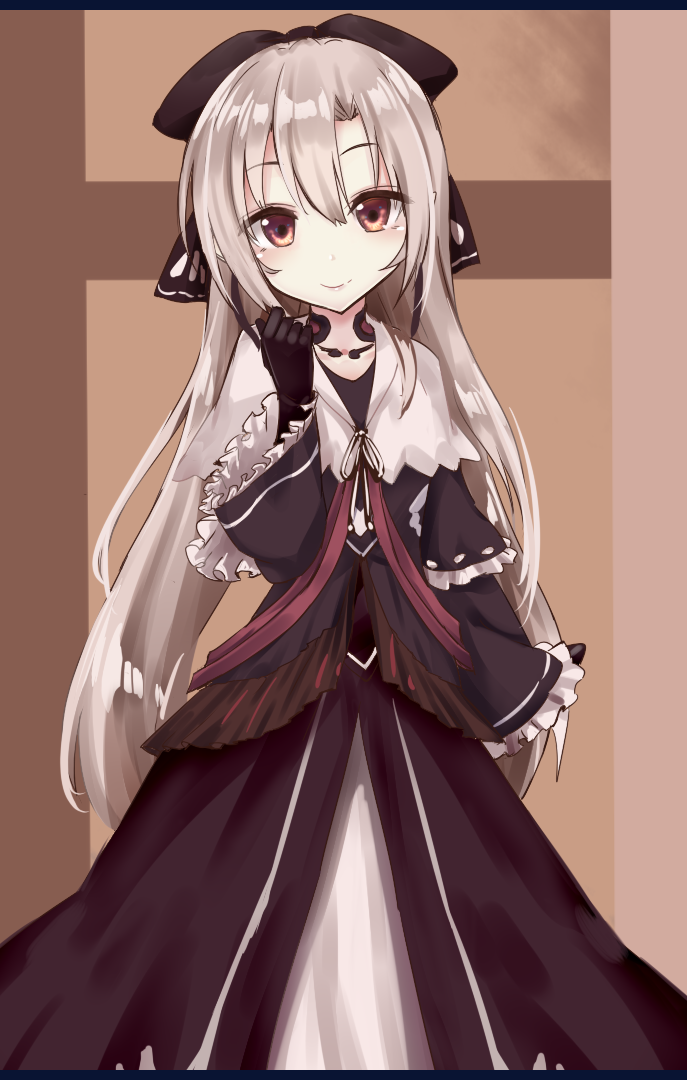 1girl arm_at_side black_dress black_gloves bow brown_eyes dress frilled_cuffs gloves hair_bow hand_up heavens_thunder_(byakuya-part2) light_brown_hair long_hair looking_at_viewer original smile standing very_long_hair