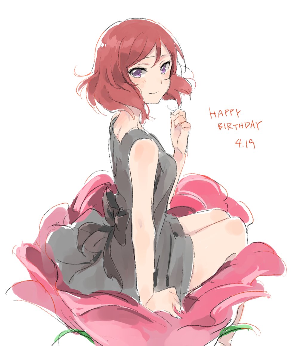 1girl arm_support blush flower happy_birthday looking_at_viewer love_live! love_live!_school_idol_project monsieur nishikino_maki pink_hair short_hair sketch smile solo violet_eyes white_background