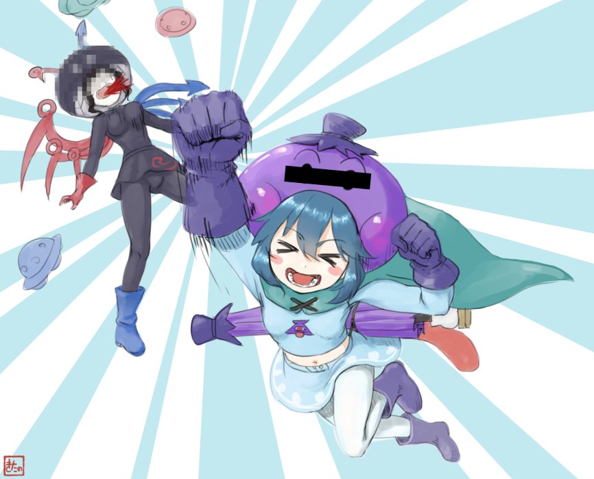 2girls alternate_costume anpanman antennae artist_signature asymmetrical_wings black_hair black_legwear black_shirt black_skirt blue_boots blue_cape blue_hair blue_shirt blue_skirt boots cape closed_eyes commentary_request costume coughing_blood geta gloves houjuu_nue karakasa_obake kitano_(kitanosnowwhite) long_tongue midriff multiple_girls open_mouth pixelated purple_boots purple_gloves purple_umbrella red_gloves shirt short_hair skirt skirt_set superhero tatara_kogasa teeth tongue touhou ufo umbrella upskirt white_legwear wings