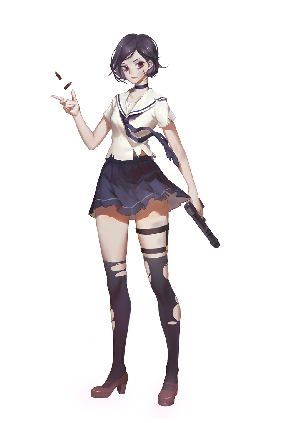 1girl arm_at_side arm_up black_legwear blouse blue_choker blue_necktie blue_skirt breasts brown_shoes choker closed_mouth commentary_request full_body ginxiee gun handgun high_heels highres holding holding_weapon necktie original outstretched_hand over-kneehighs pleated_skirt purple_hair sailor_collar shell_casing shoes short_hair short_sleeves simple_background skirt small_breasts solo thigh-highs thigh_strap torn_clothes torn_necktie torn_skirt torn_thighhighs violet_eyes weapon white_background white_blouse white_sailor_collar