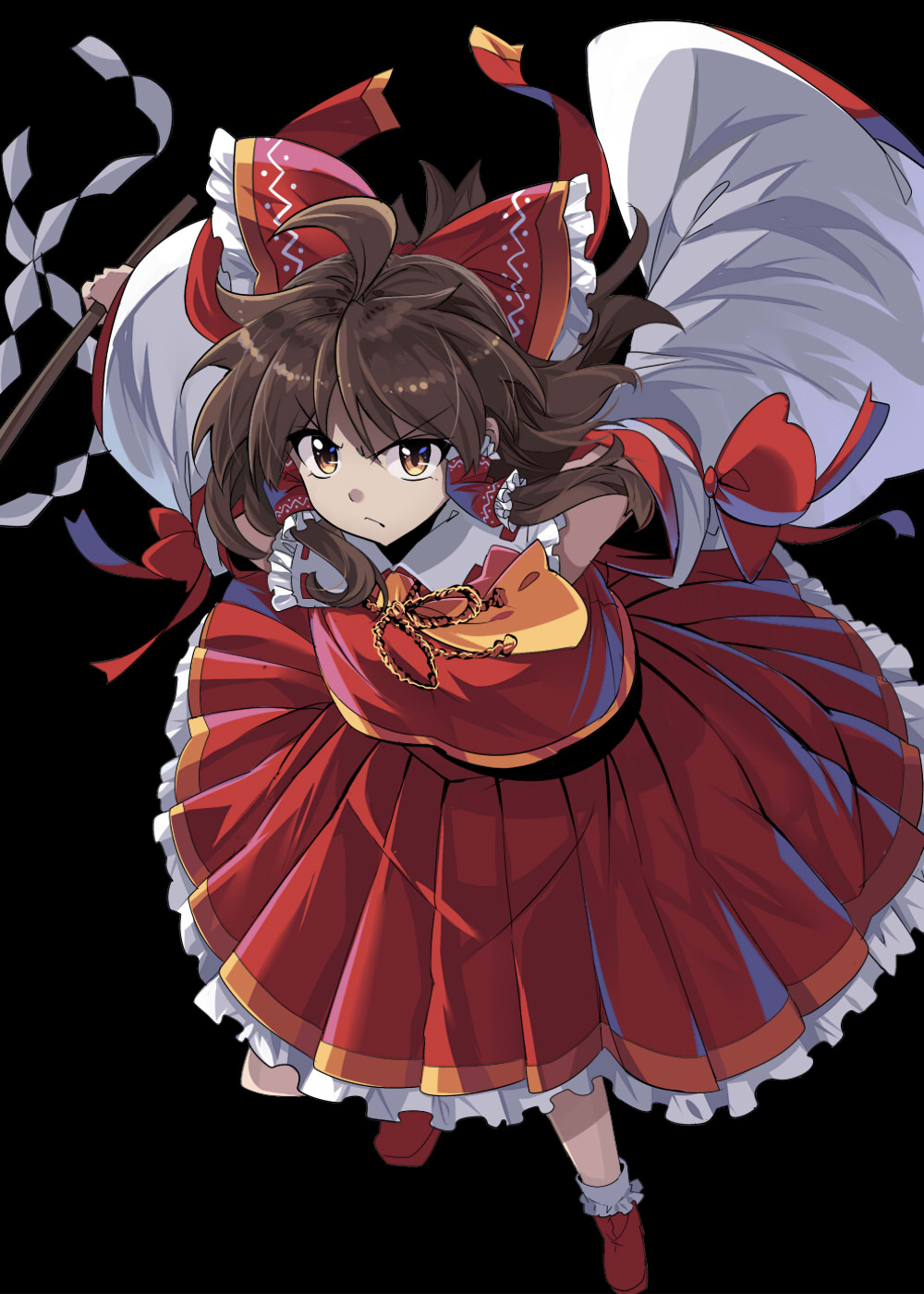 &gt;:/ 1girl :/ ahoge ascot black_background bobby_socks bow brown_eyes brown_hair closed_mouth detached_sleeves e.o. foreshortening frilled_bow frilled_skirt frills from_above full_body gohei hair_bow hair_tubes hakurei_reimu highres holding long_hair long_skirt long_sleeves looking_afar looking_away looking_up outstretched_arm pleated_skirt ponytail red_ribbon red_shoes red_skirt red_vest ribbon ribbon-trimmed_sleeves ribbon_trim shoes sidelocks simple_background skirt socks solo touhou vest white_legwear wide_sleeves