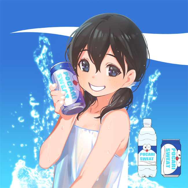 1girl black_hair bottle can can_to_cheek doraemon grin long_hair looking_at_viewer minamoto_shizuka pocari_sweat pop_kyun smile soda_can solo twintails water_bottle wet