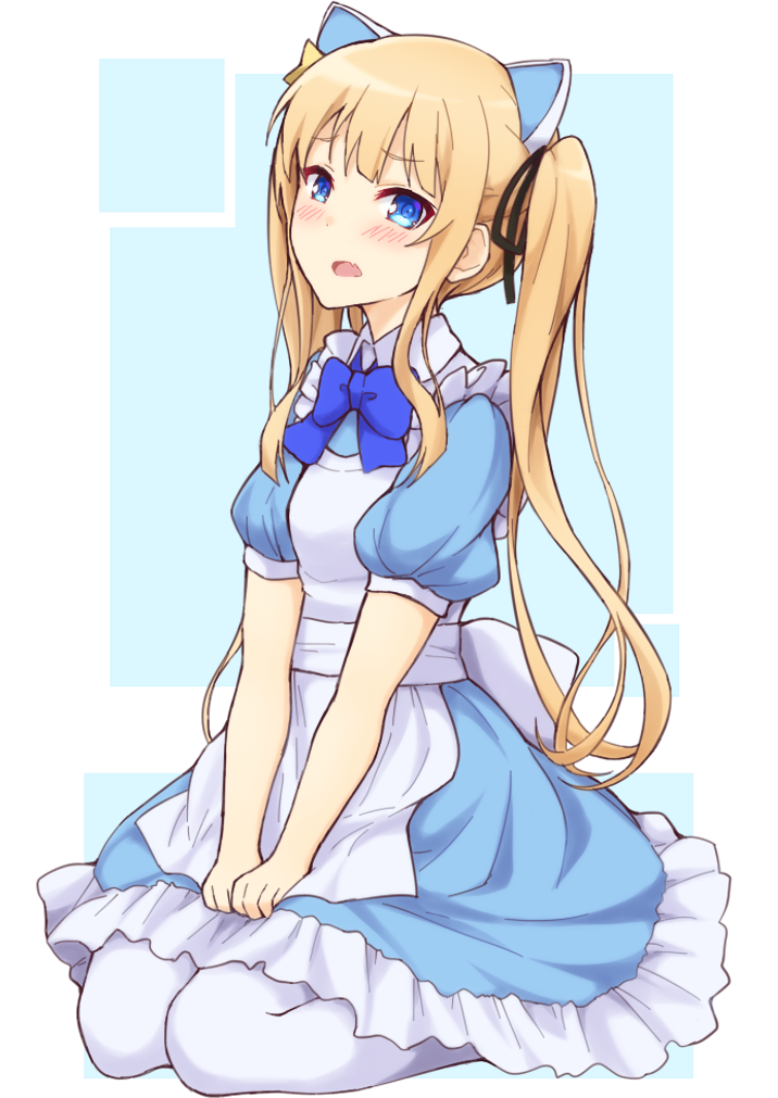 1girl animal_ears apron bangs blue_bow blue_bowtie blue_dress blunt_bangs blush bow bowtie cat_ears commentary_request dress fake_animal_ears frilled_dress frills full_body hair_ornament head_tilt jam_(jam0601) long_hair open_mouth puffy_short_sleeves puffy_sleeves raised_eyebrows saenai_heroine_no_sodatekata sawamura_spencer_eriri seiza short_sleeves sidelocks sitting solo star star_hair_ornament tsurime twintails v_arms white_apron white_legwear